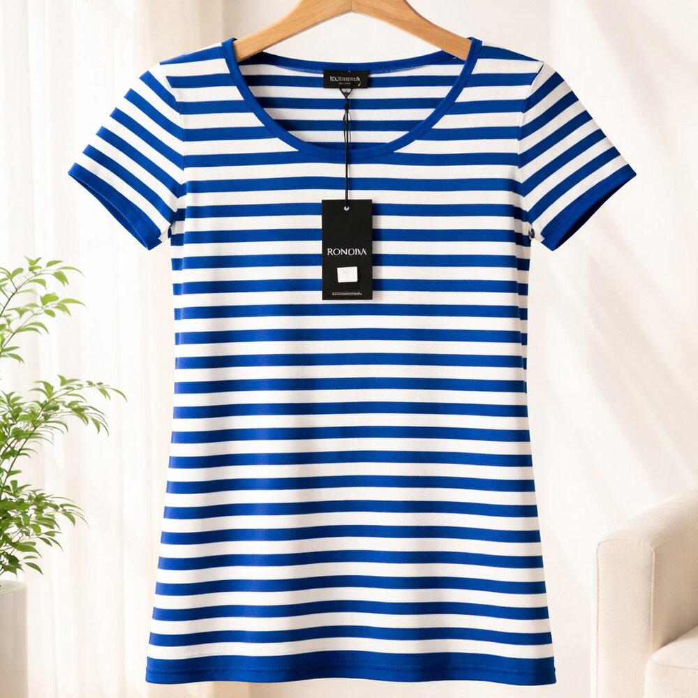 Rondina Striped Short Sleeve Sweater in Blue and White - Picture 1 of 3